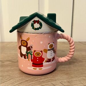 Starbucks 2025 Christmas Bear House Mug with Roof Lid Pink and Green Limited Ed